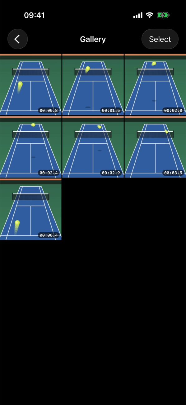 Gallery grid of captured tennis frames, each labeled with its video timestamp.