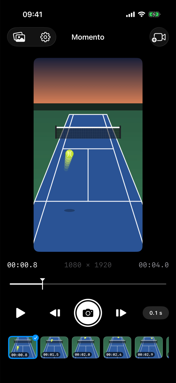 Momento player screen: a tennis video paused mid-rally with a timeline, capture button and a strip of captured frames.