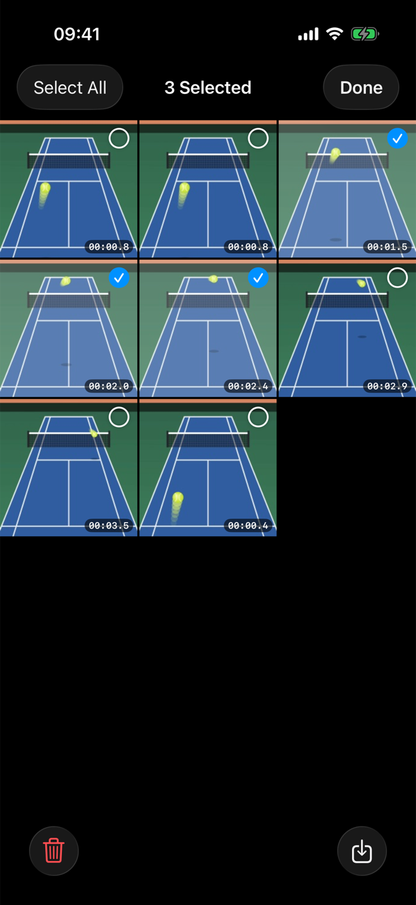 Gallery in selection mode with three frames selected and delete and save buttons.